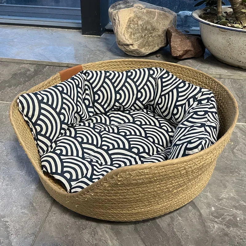 Woven Basket Pet Bed with Cushion for Cats Dogs