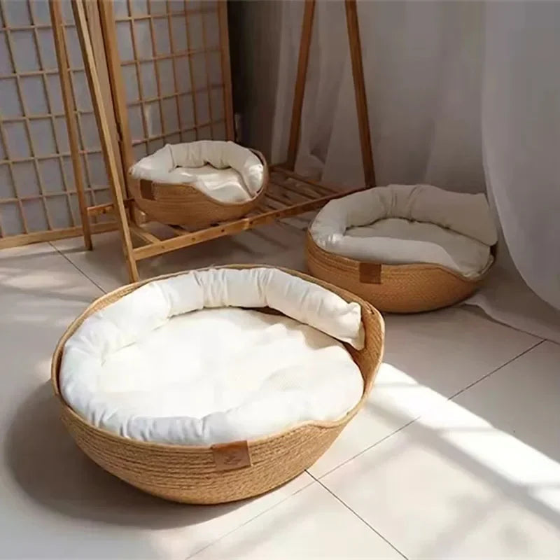 Woven Basket Pet Bed with Cushion for Cats Dogs