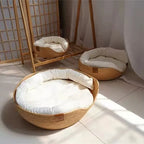 Woven Basket Pet Bed with Cushion for Cats Dogs