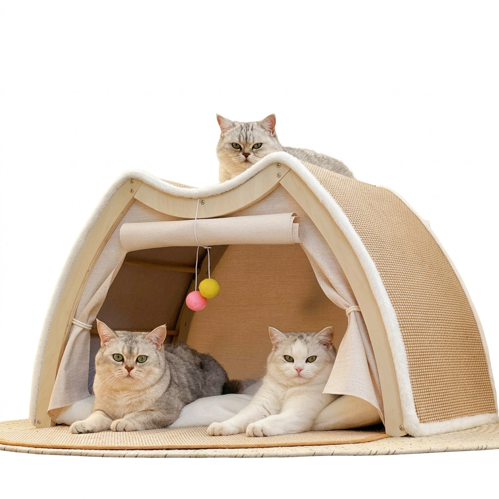 Solid Wood Enclosed Cat Villa Sisal Scratcher All Season