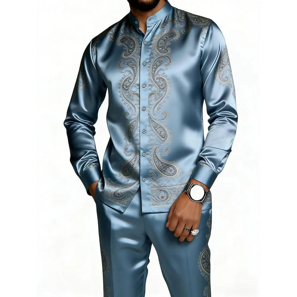 Men's Casual 3D Print Long Sleeve Shirt and Pants Set