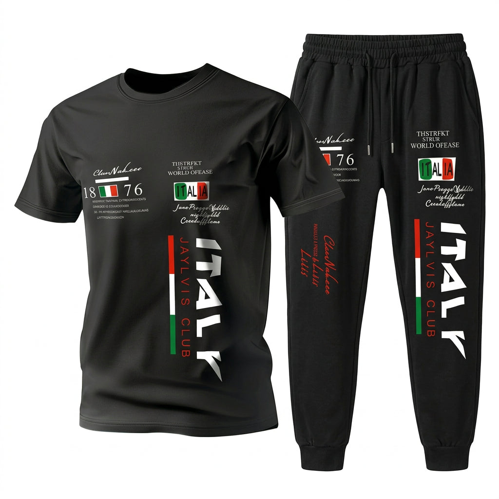 Men's Letter Print Round Neck T-Shirt and Pants Set