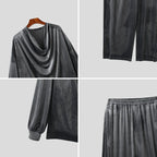 Men's Solid Color Velour Pleated Long Sleeve Two Piece Set
