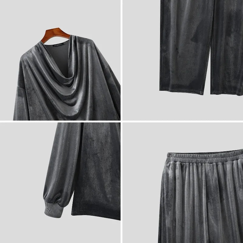 Men's Solid Color Velour Pleated Long Sleeve Two Piece Set