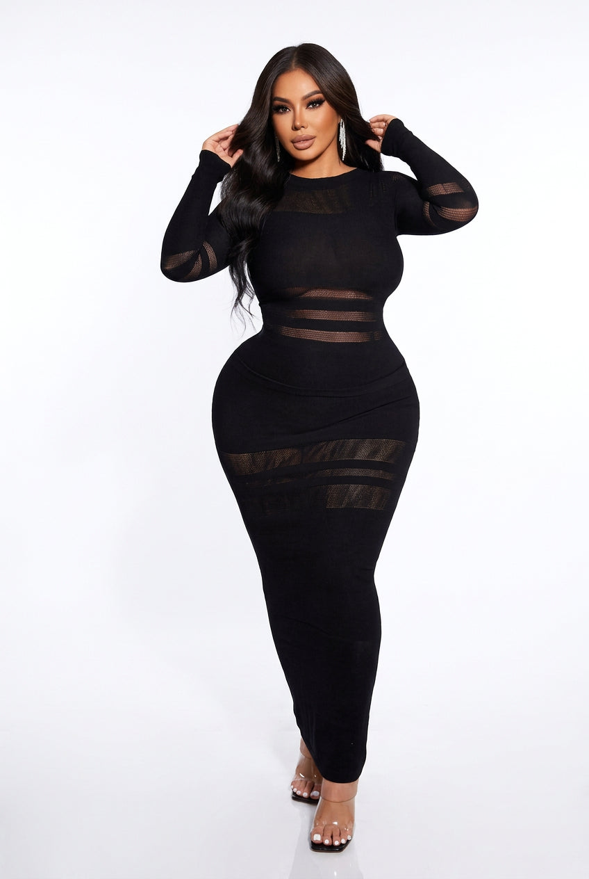 Women's Sheer Mesh Stripe Patchwork Bodycon Midi Dress