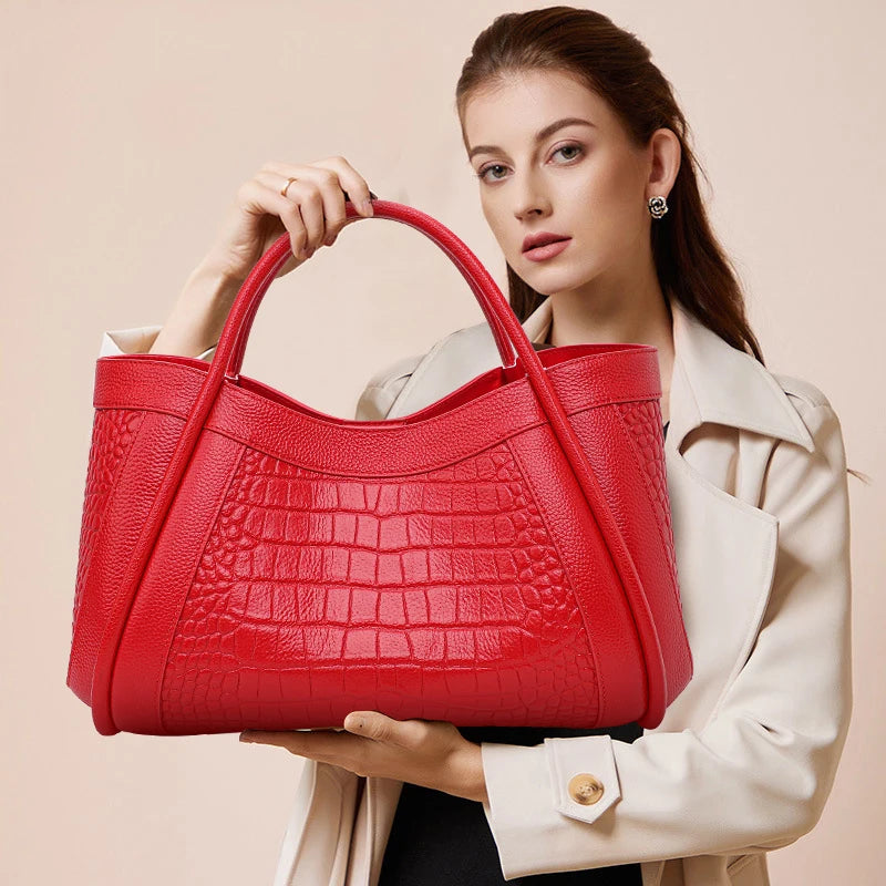 Women's Crocodile Pattern Cowhide Leather Handbag Tote Bag Q1341