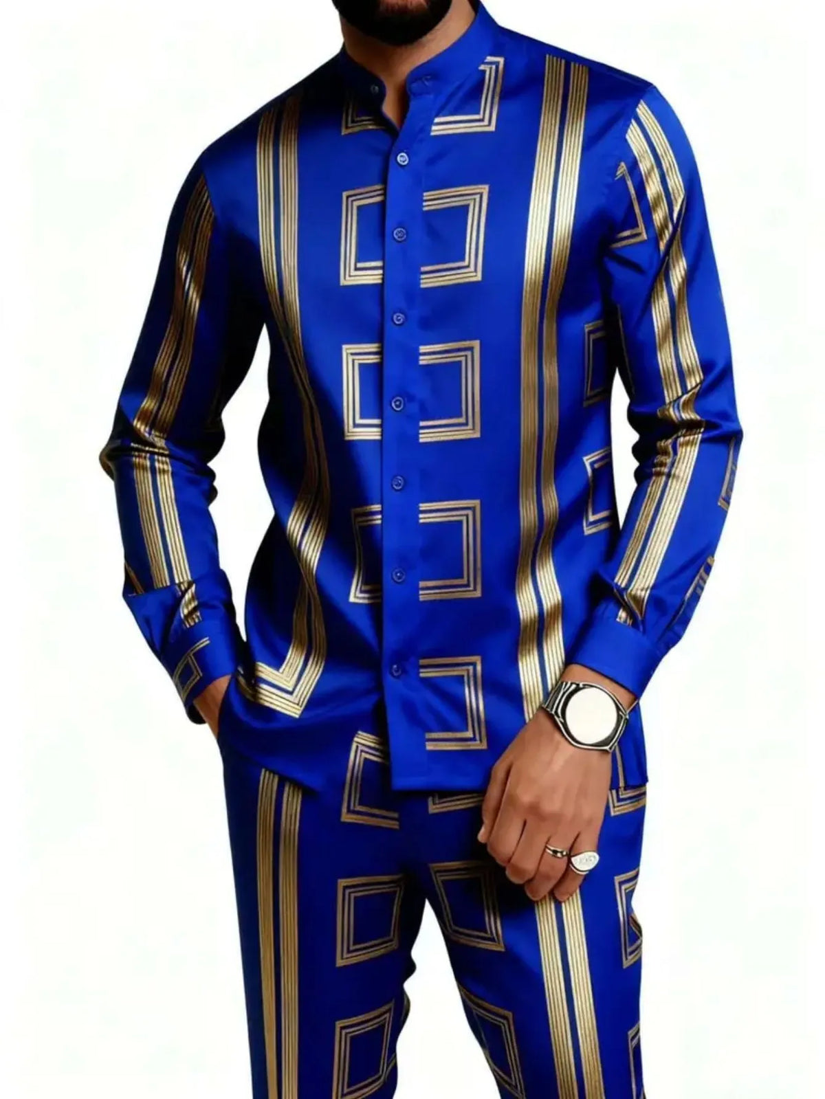 Men's Casual 3D Print Long Sleeve Shirt and Pants Set