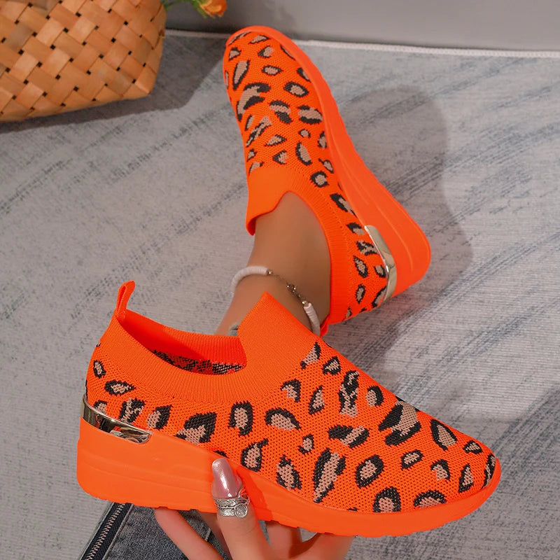 Women's Leopard Print Knitted Slip-On Wedge Sneakers