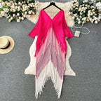 Women's Pleated Color-Block Tassel Mid-Calf Dress