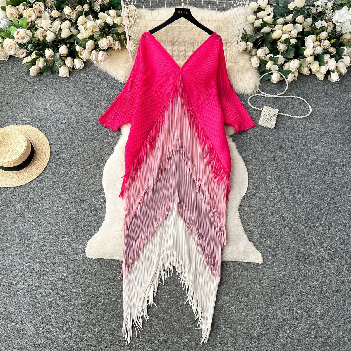 Women's Pleated Color-Block Tassel Mid-Calf Dress