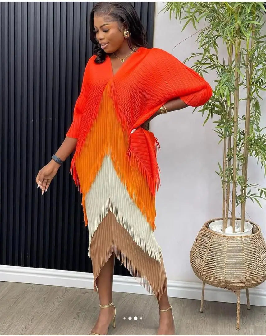 Women's Pleated Color-Block Tassel Mid-Calf Dress