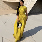 Women's V-Neck Short Sleeve Ruched Maxi Dress