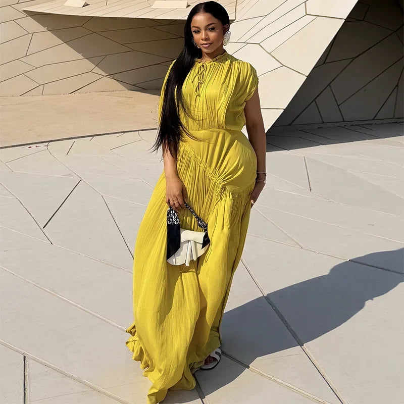Women's V-Neck Short Sleeve Ruched Maxi Dress