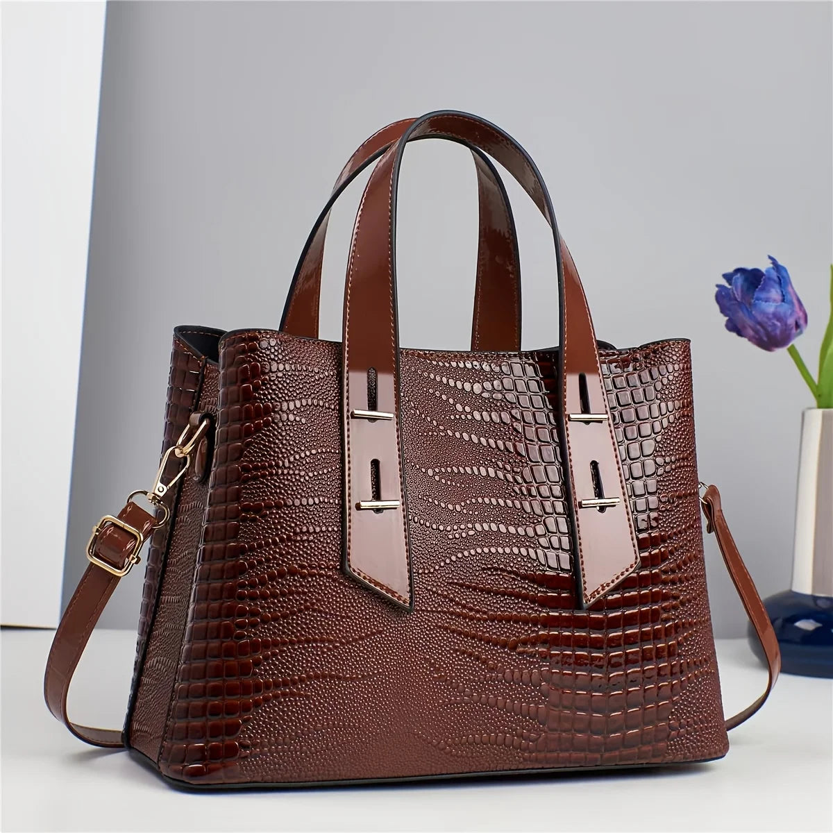 Women's Crocodile Pattern PU Leather Shoulder Tote Bag