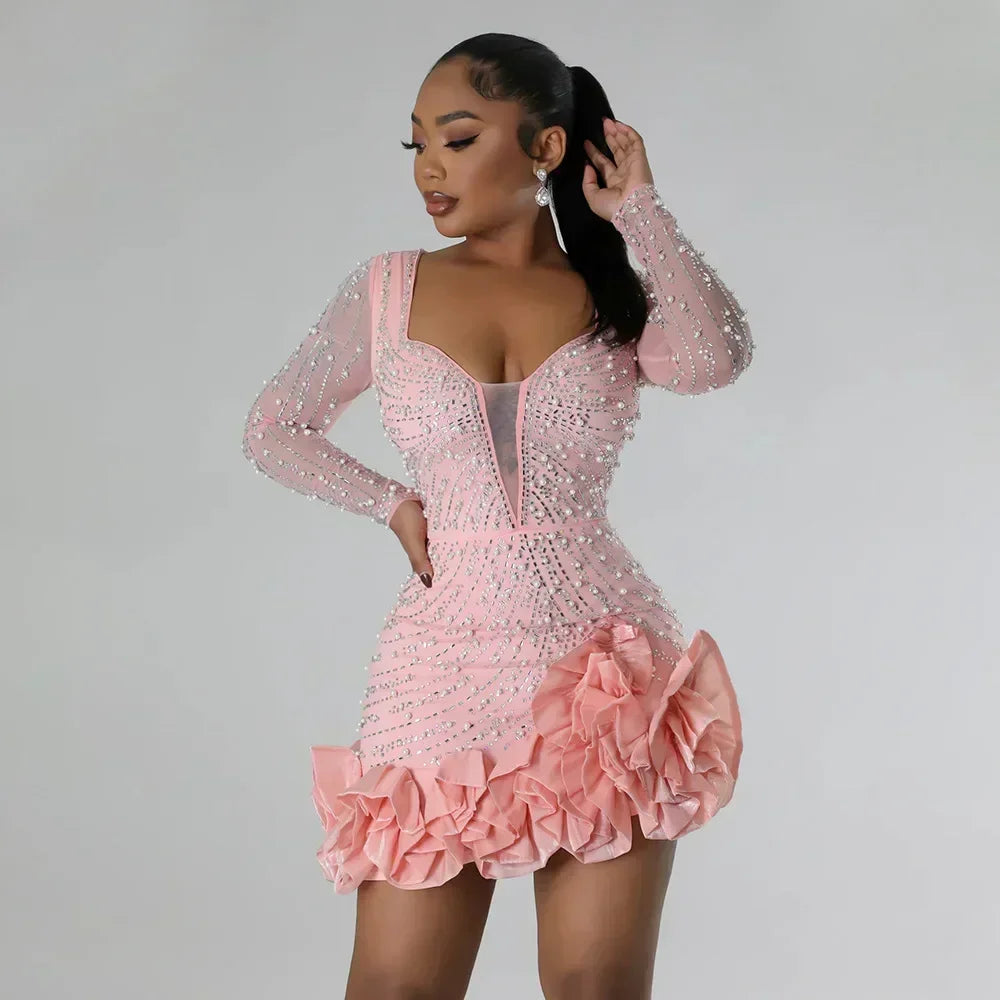 Women's Elegant Beaded Long Sleeve Ruffle Party Dress
