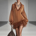 Women's Lace Trim V Neck Puff Sleeve Chiffon Mini Dress