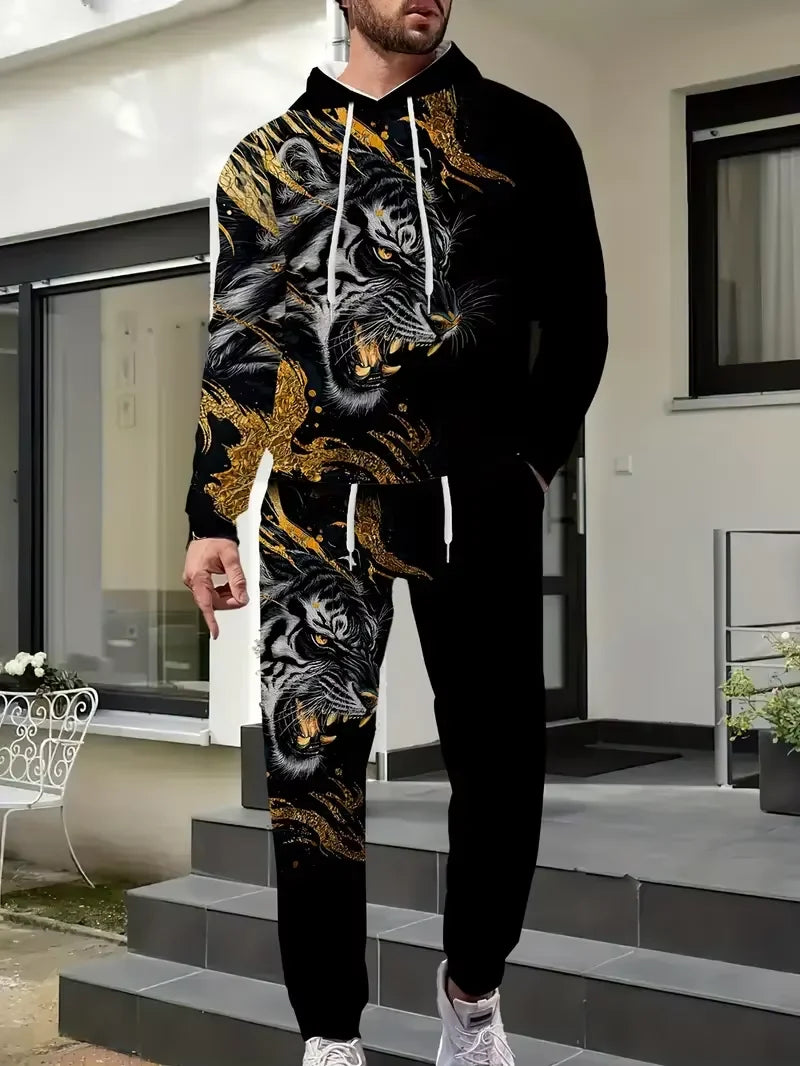 Men's 3D Tiger Print Hoodie and Pants Set