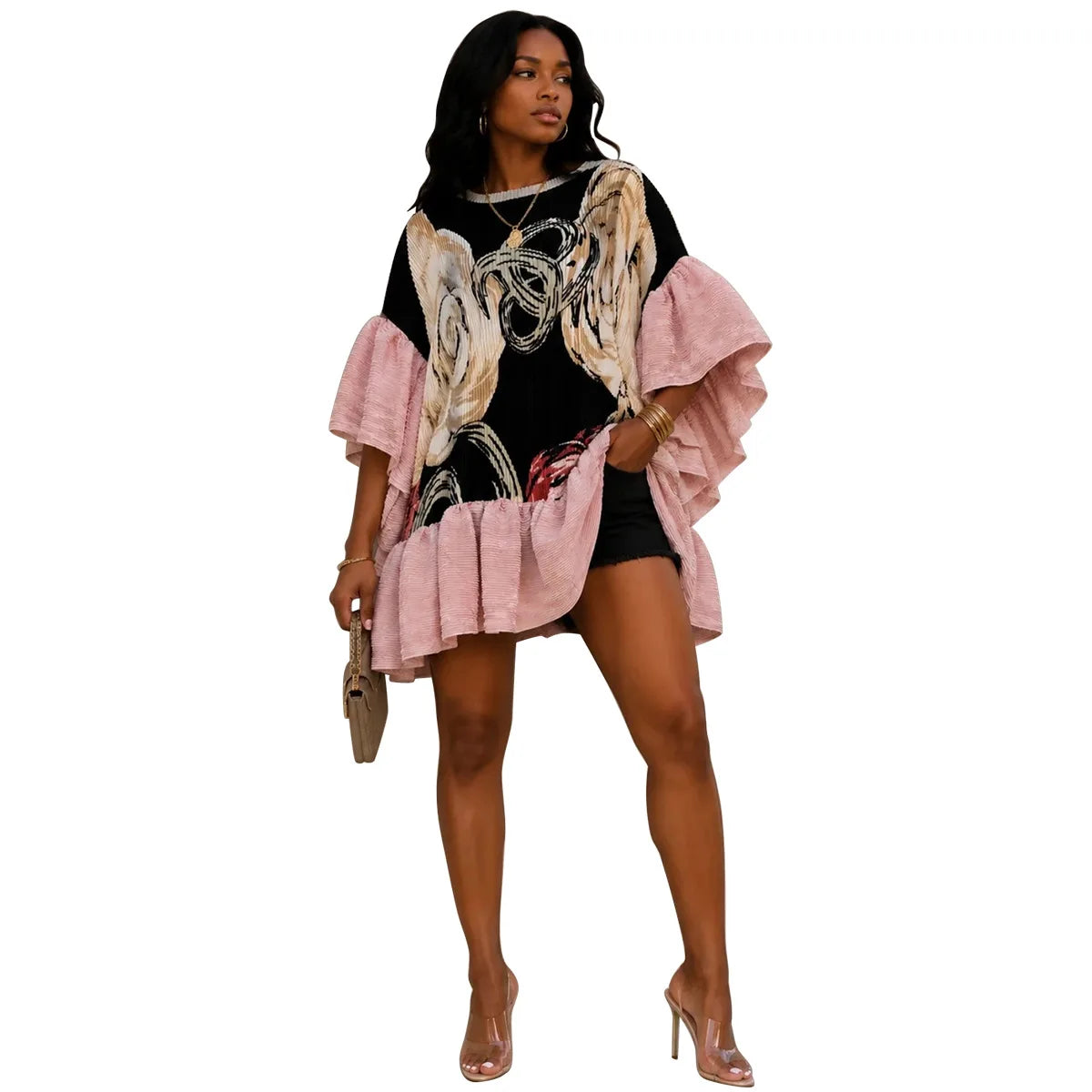 Women's Flare-Sleeve Dashiki Kaftan Mini Dress