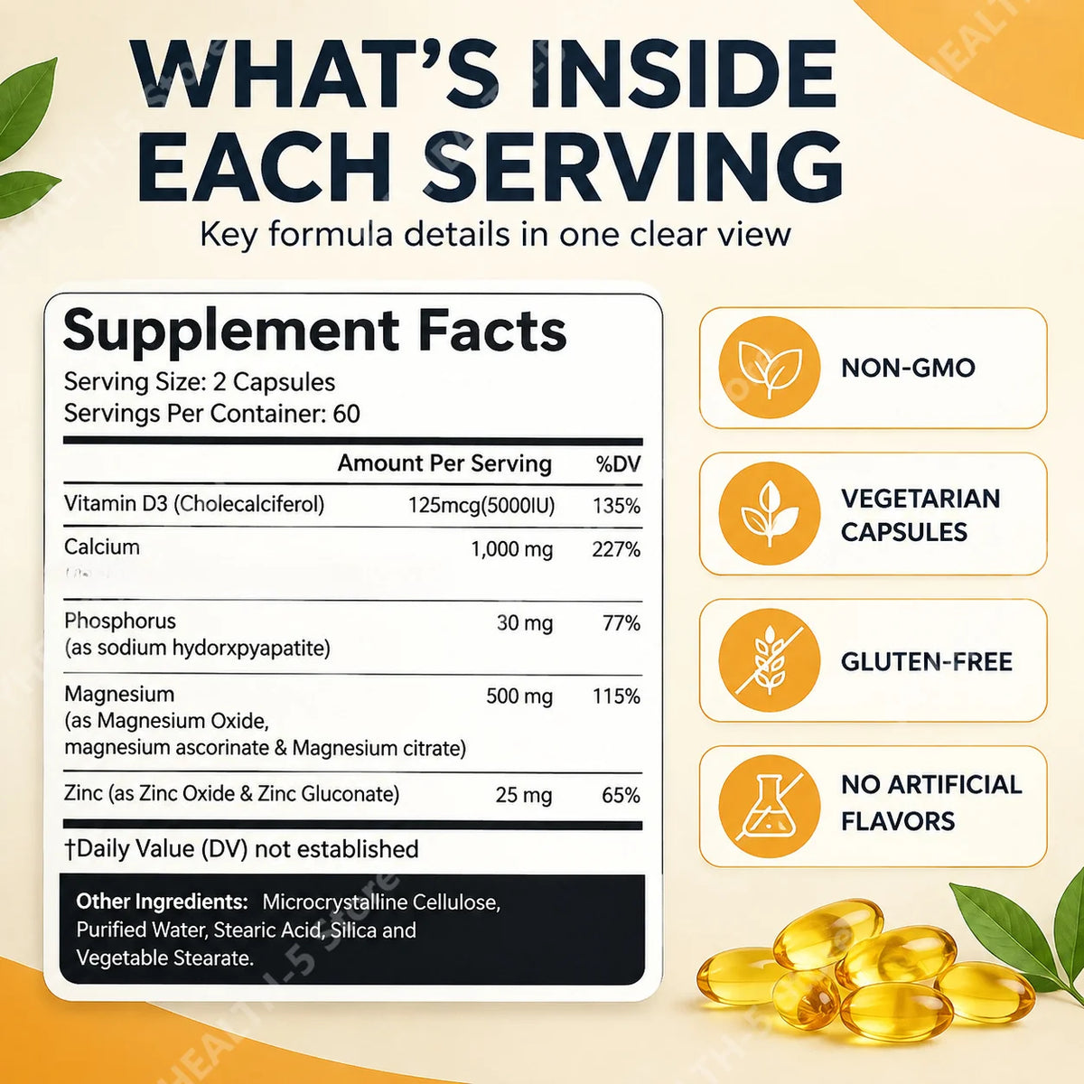 Calcium Magnesium Zinc Vitamin D3 Bone Muscle Support Dietary Supplement Capsules