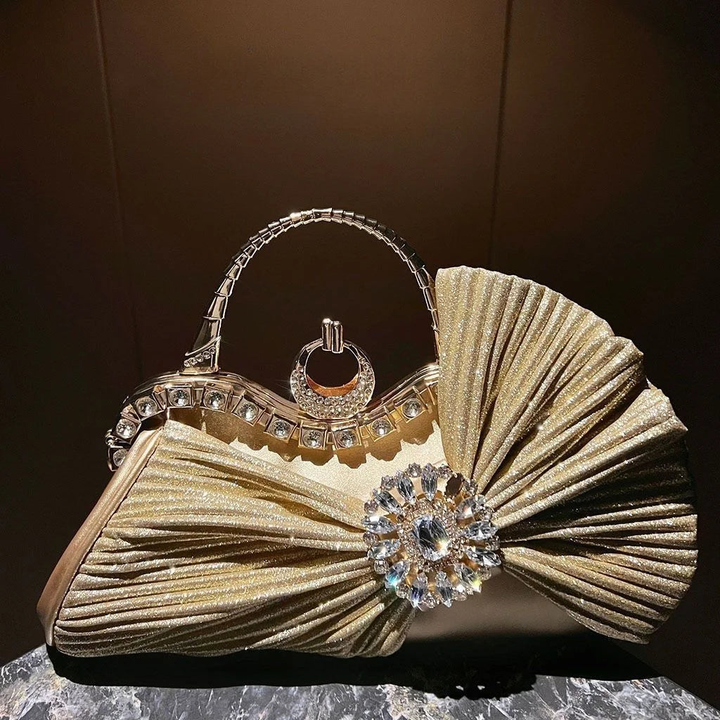Women's Luxury Diamond Pleated Big Bow Evening Shoulder Bag