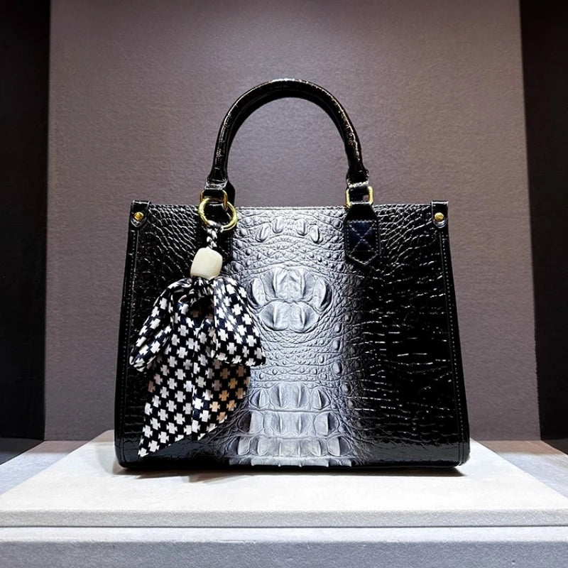 Women's Alligator Print Genuine Leather Handbag Shoulder Tote Bag