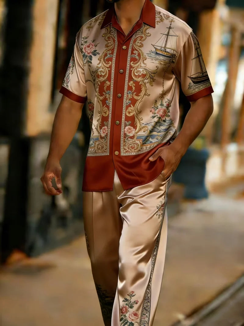 Men's Baroque Print Short Sleeve Shirt and Pants Two Piece Set