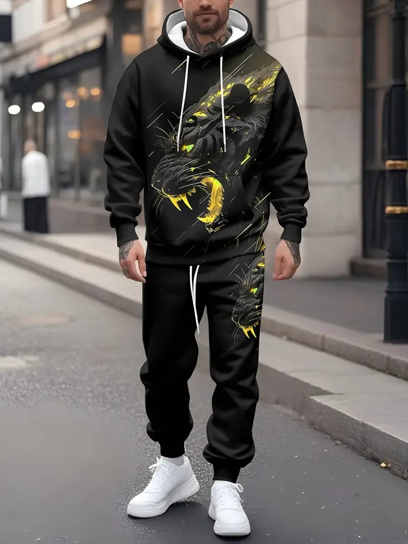 Men's 3D Tiger Print Hoodie and Pants Set