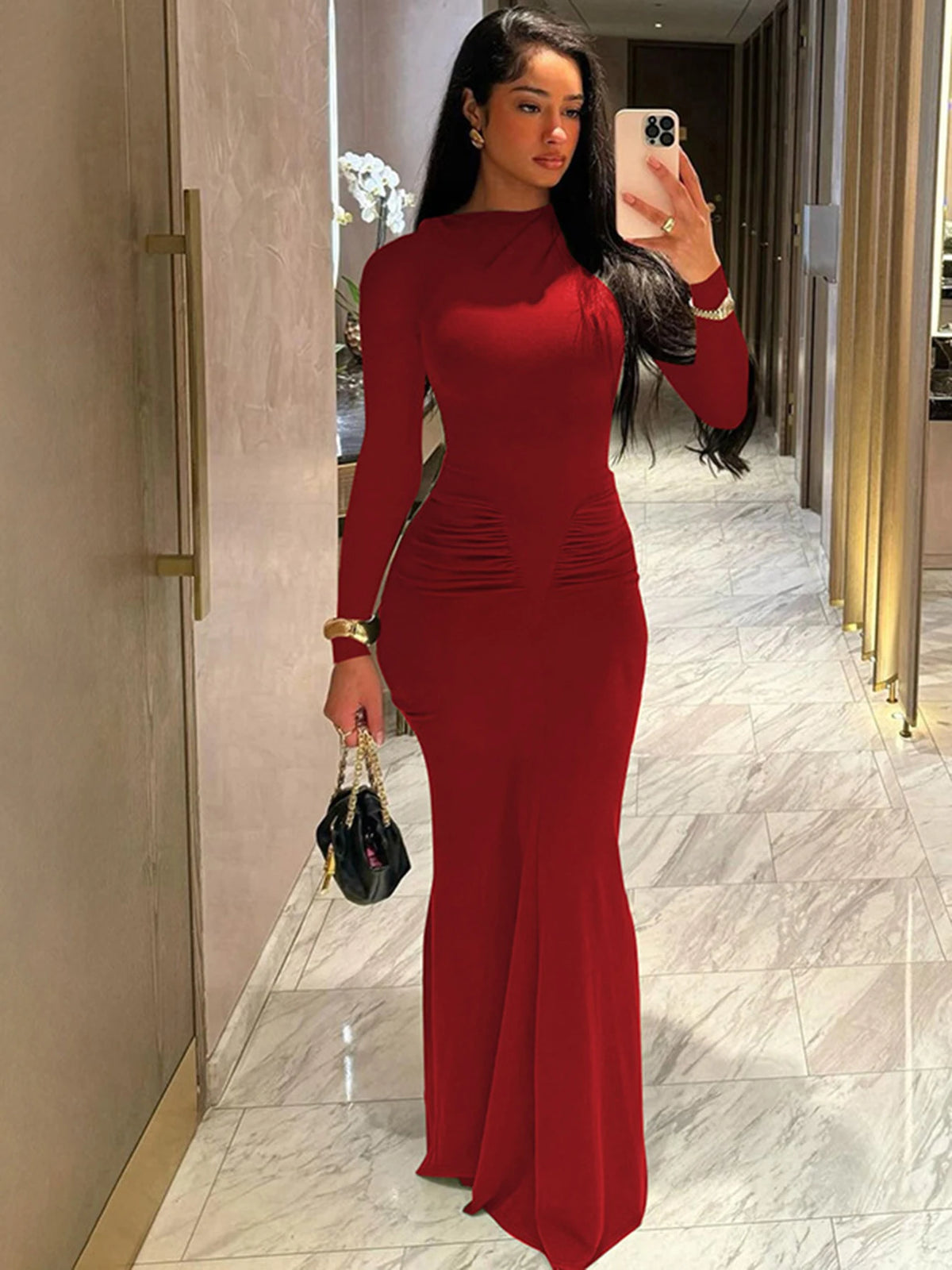Women's Elegant Draped Long Sleeve Bodycon Maxi Dress