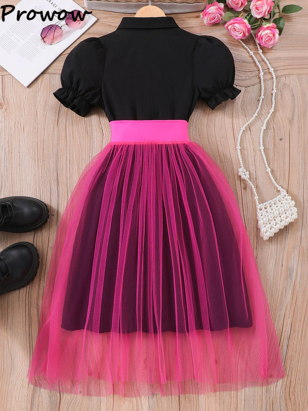 Girls' Patchwork Puff Sleeve Princess Dress with Mesh Skirt
