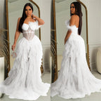 Women's Off-Shoulder Mesh Feather Floor-Length Gown