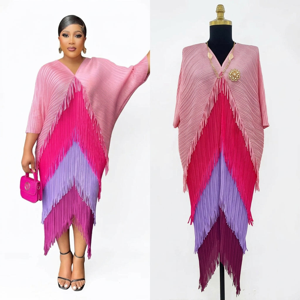 Women's Pleated Color-Block Tassel Mid-Calf Dress