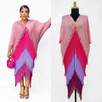 Women's Pleated Color-Block Tassel Mid-Calf Dress