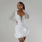 Women's Elegant Beaded Long Sleeve Ruffle Party Dress