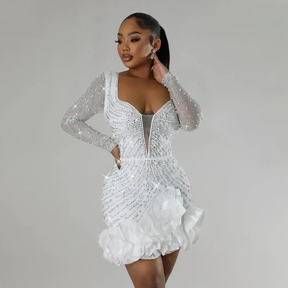 Women's Elegant Beaded Long Sleeve Ruffle Party Dress