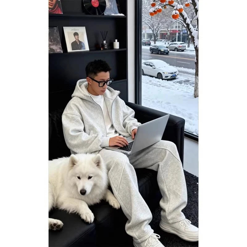 Men's Streetwear Zip Up Hooded Sweatshirt and Drawstring Pants Tracksuit Set