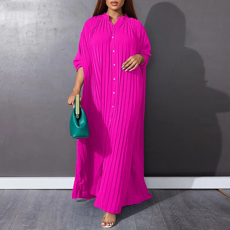 Women's Elegant Pleated Single-Breasted V-Neck Maxi Dress