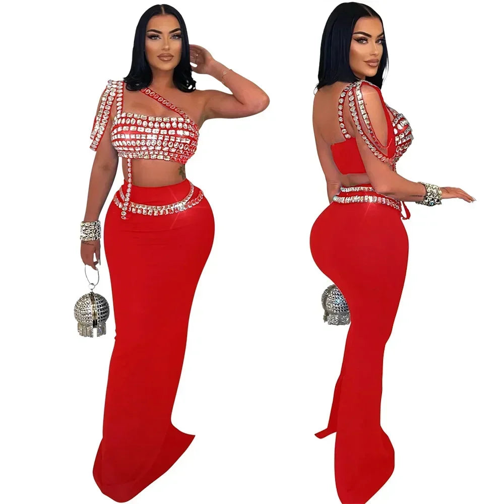 Women's Rhinestones Strapless Top and Long Skirt 2-Piece Set