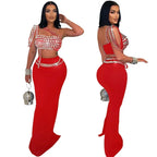 Women's Rhinestones Strapless Top and Long Skirt 2-Piece Set