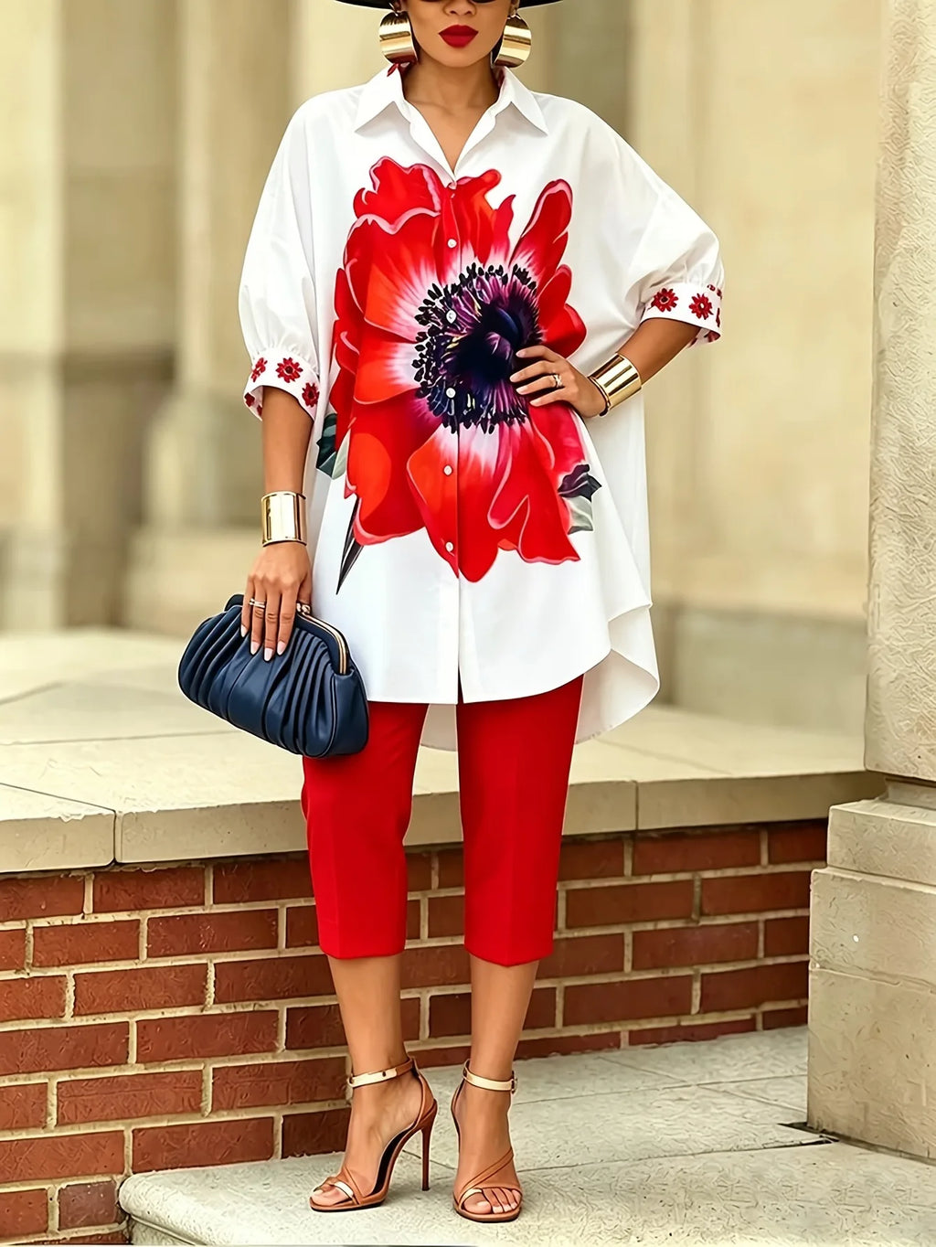 Women's Vintage Floral Print Shirt and Slim Pants 2-Piece Set