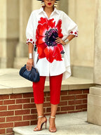 Women's Vintage Floral Print Shirt and Slim Pants 2-Piece Set