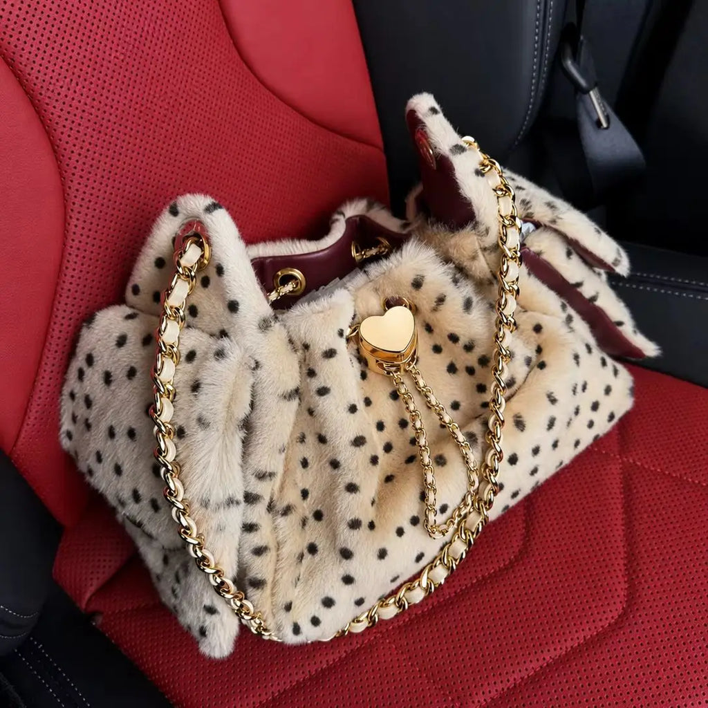 Women's Leopard Faux Fur Drawstring Chain Bucket Bag