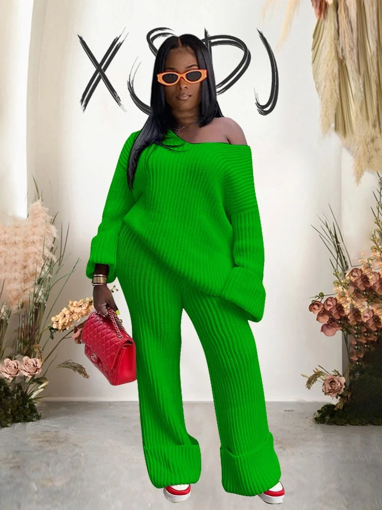 Women's Warm Knitted Sweater and Pants Two-Piece Set