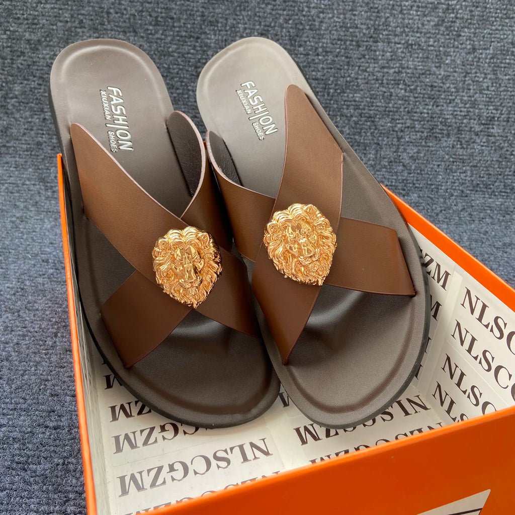 Men's PU Leather Slide Sandals with Metal Decoration