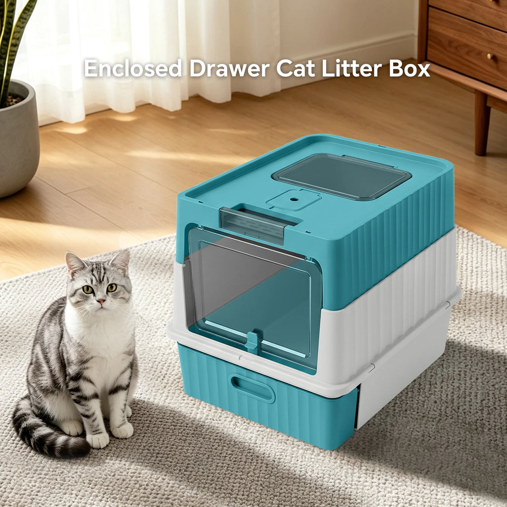 Draw-Out Fully Enclosed Pet Cat Litter Box with Shovel