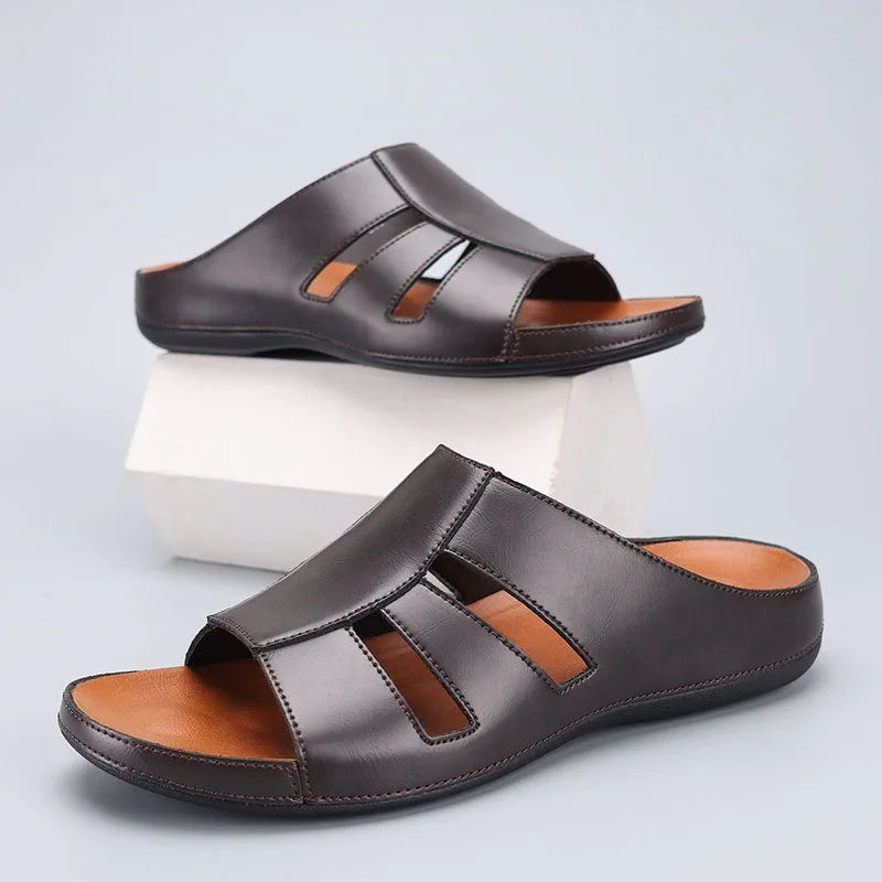 Men's Handmade Leather Peep Toe Summer Slippers