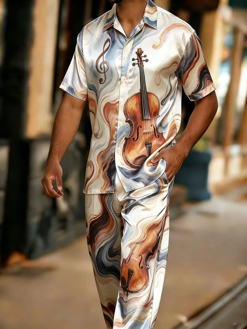Men's 3D Print Short Sleeve Shirt and Pants Two Piece Set