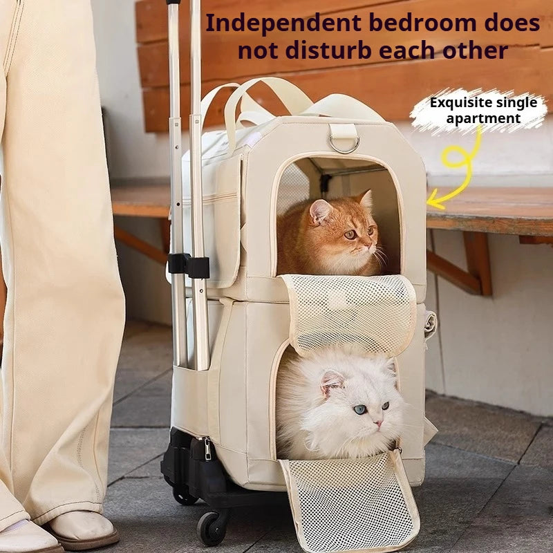 Foldable Double Layer Pet Trolley Travel Carrier for Cats Dogs