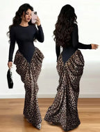 Women's Elegant Leopard Print Long Sleeve Maxi Dress