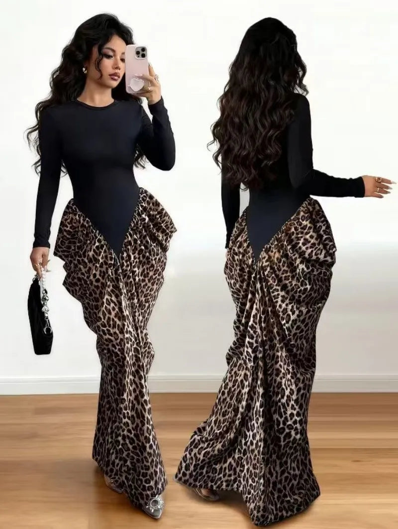 Women's Elegant Leopard Print Long Sleeve Maxi Dress