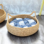 Rattan Weaving Cat Basket Bed with Cushion for Cats Dogs